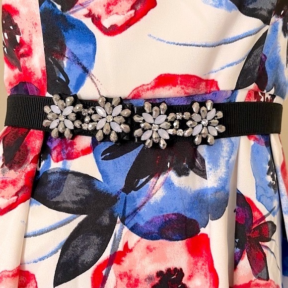 NEW Luxe by Carmen Marc Valvo sleeveless floral dress with embellished belt - Picture 3 of 8